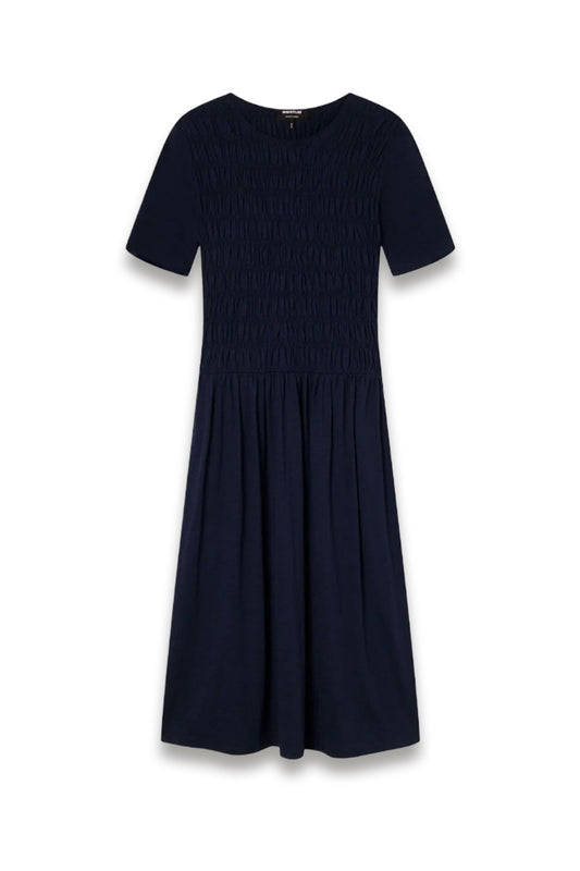 Navy Jersey Shirred Midi Dress