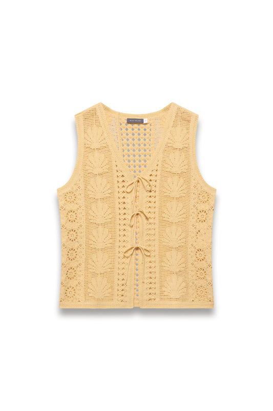 Yellow Crochet Shell Tie Front Top