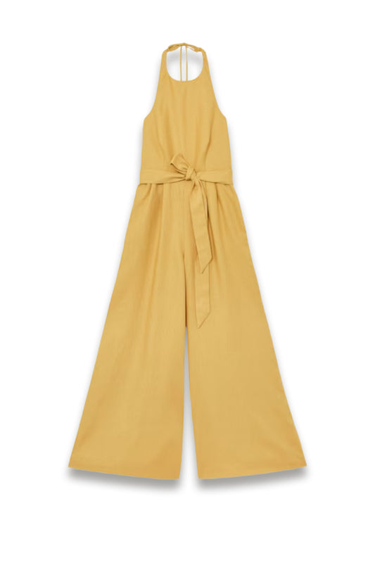 Linen Open-back Wide-leg Jumpsuit in Yellow