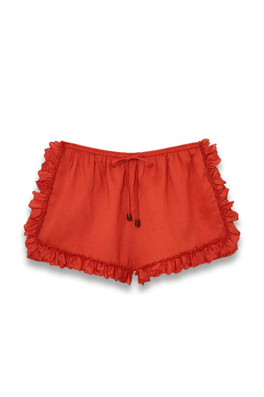 Brook Ruffle-Trim Drawstring Shorts in Orange