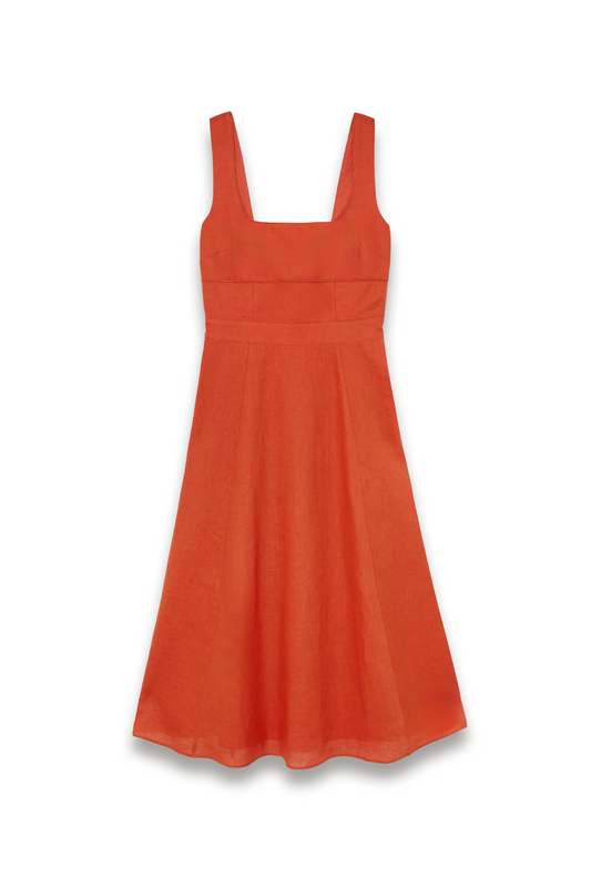 Linen Square-Neck Midi Dress in Coral Orange