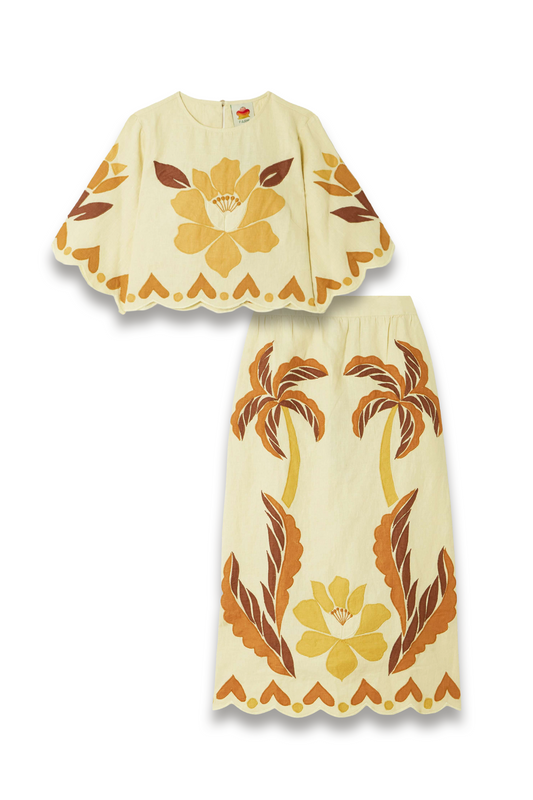 Summer Scalloped Appliquéd Linen Skirt and Linen Top