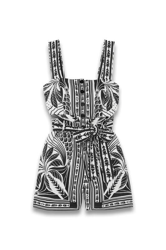 Monochrome Elegance Belted Shirred Printed Linen-Blend Playsuit