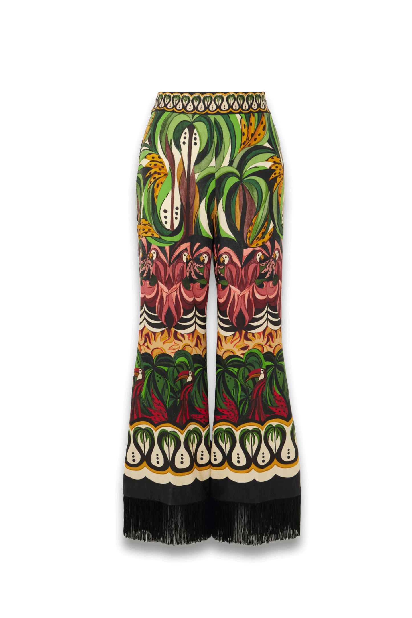 Coconut Tree Flow Printed Fringed Linen-Blend Wide-Leg Pants