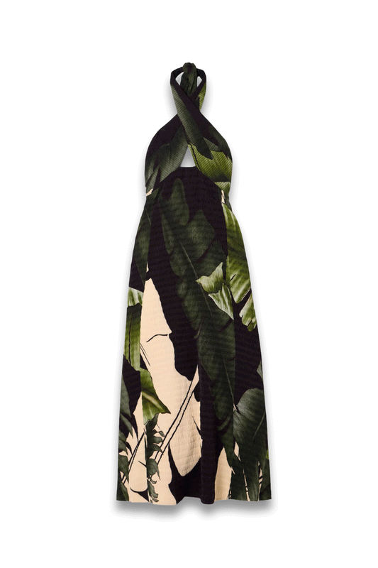 Elegant Expedition Printed Plissé-Satin Halterneck Midi Dress