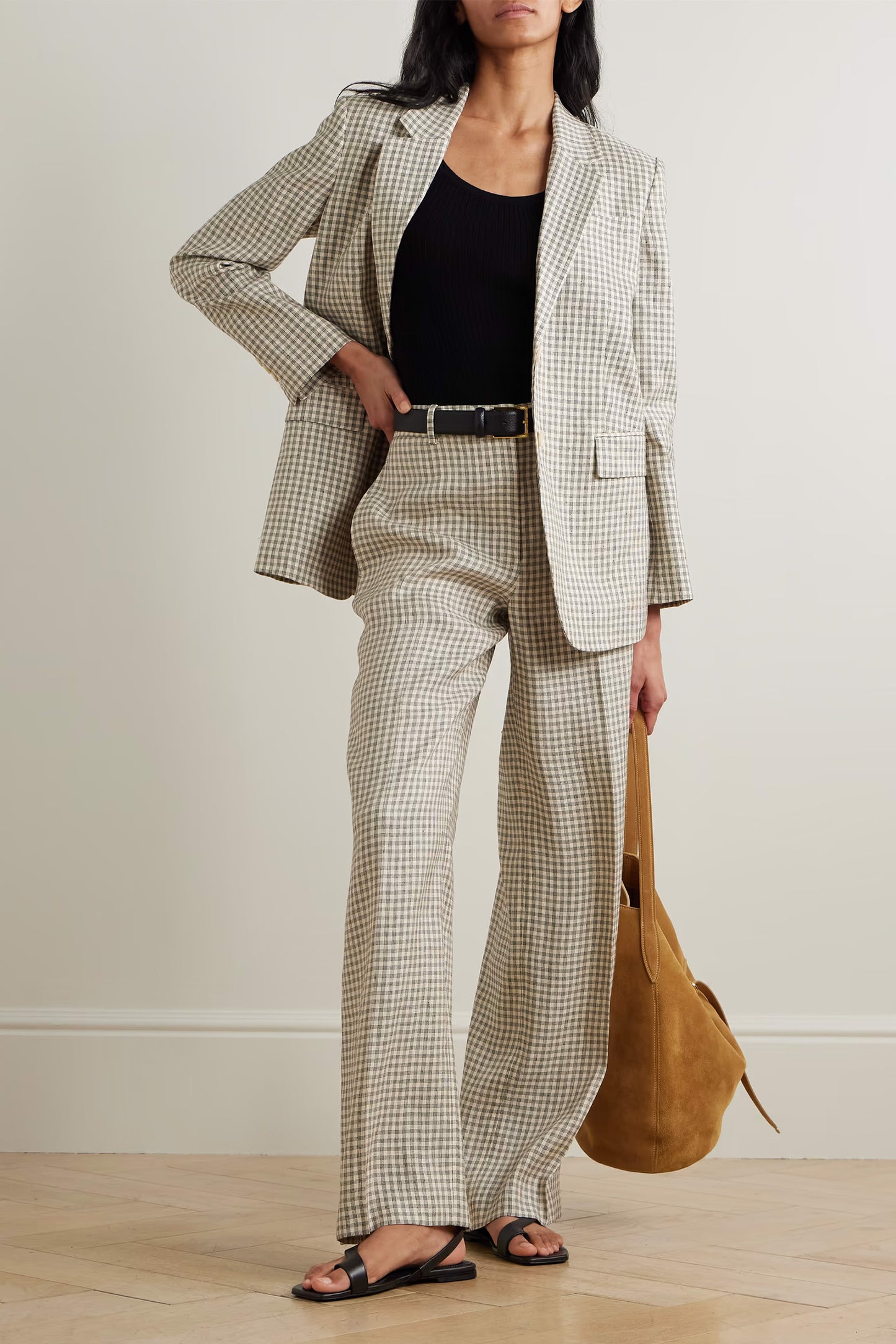 Checked Linen-Blend Blazer and Wide Leg Pants