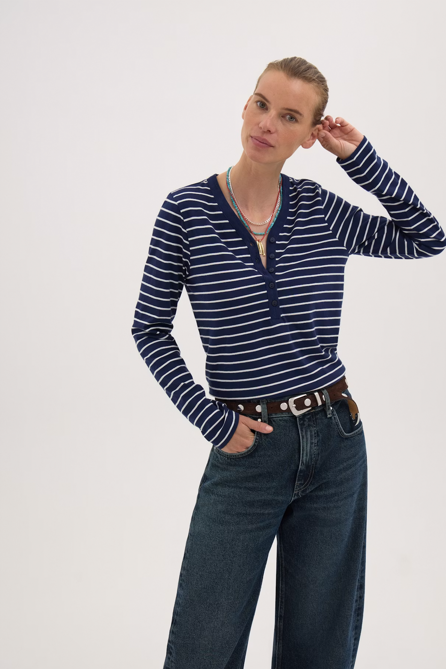 Roe Cotton Long Sleeve Slub Henley T-Shirt Navy