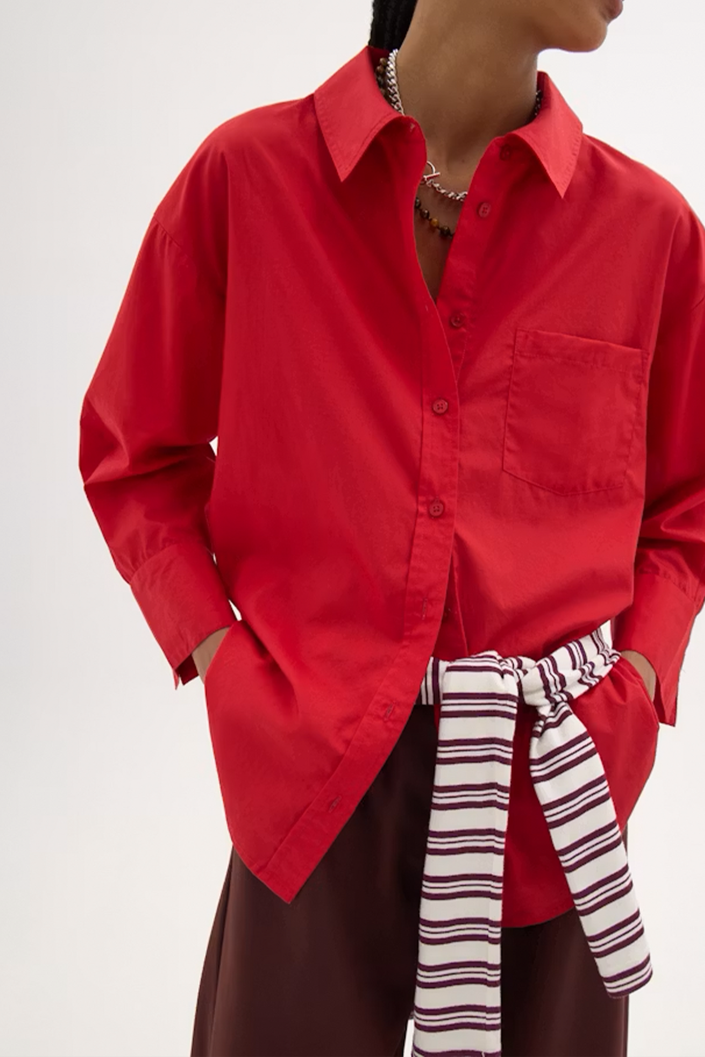 Aria Cotton Poplin Bracelet Length Shirt Red