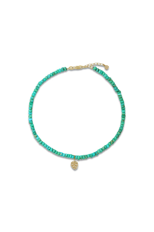 Tiny Monstera Leaf 14-karat Gold, Turquoise and Diamond Bracelet