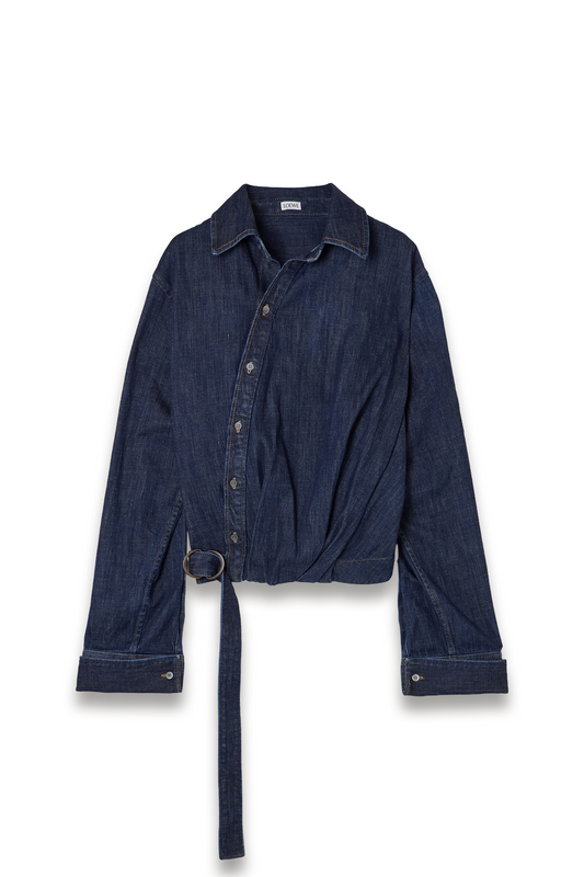 Belted Asymmetric Draped Denim Shirt