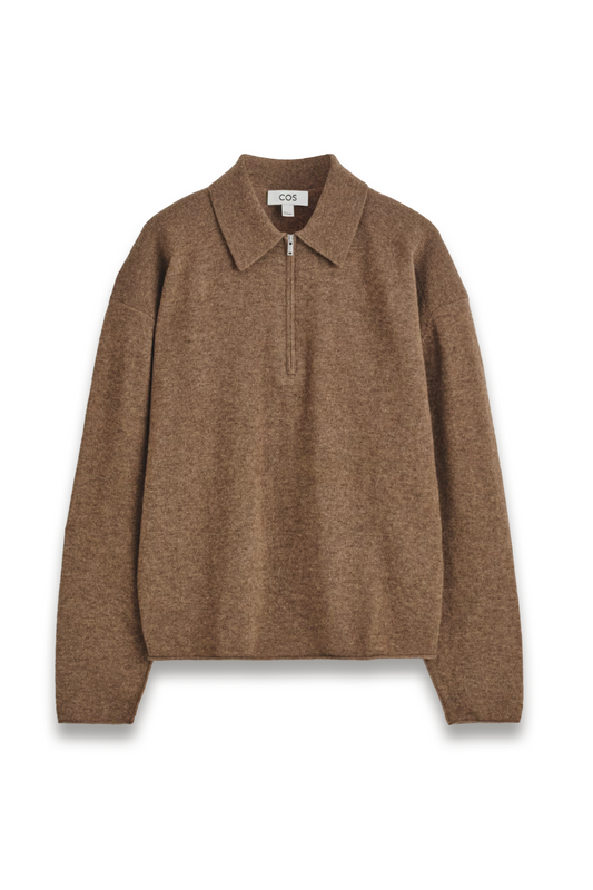 Merino Wool-yak Zip-up Polo Shirt in Brown Mélange