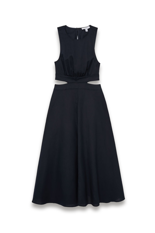 Linen-Cotton Cut-Out Midi Dress in Navy