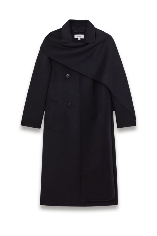 Indira Wool-Blend Scarf Blindseam Coat in Navy