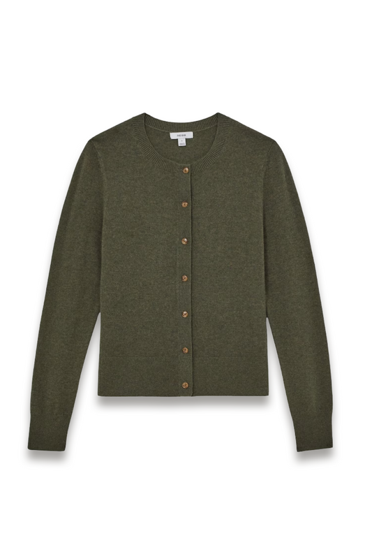 Wool-blend Crew-neck Cardigan with Cashmere in Green