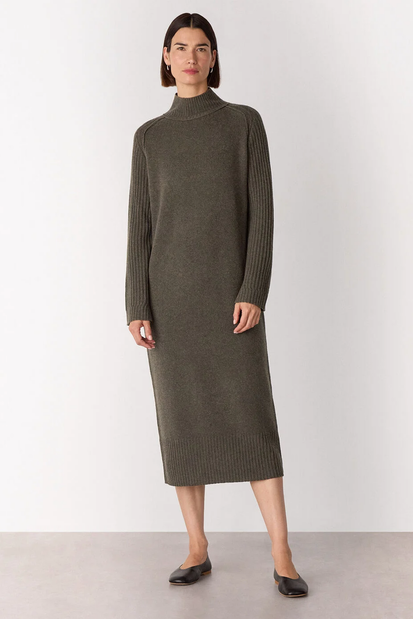 Dark Green Funnel-neck Wool Midi Dress