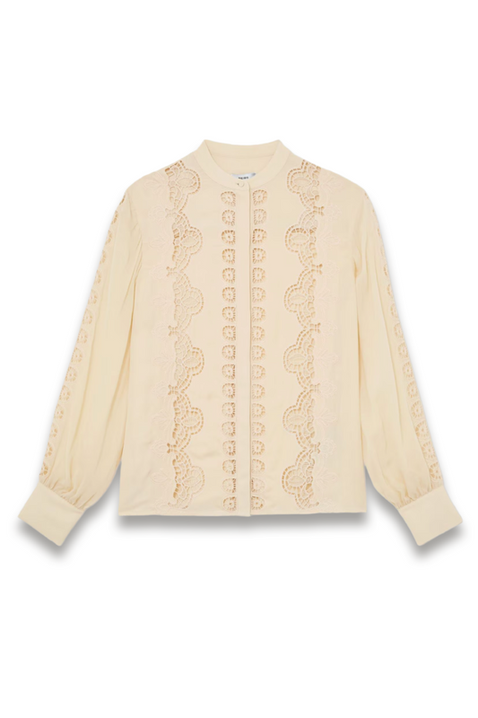 Cutwork-Embroidery Sheer-Sleeve Blouse in Pale Yellow