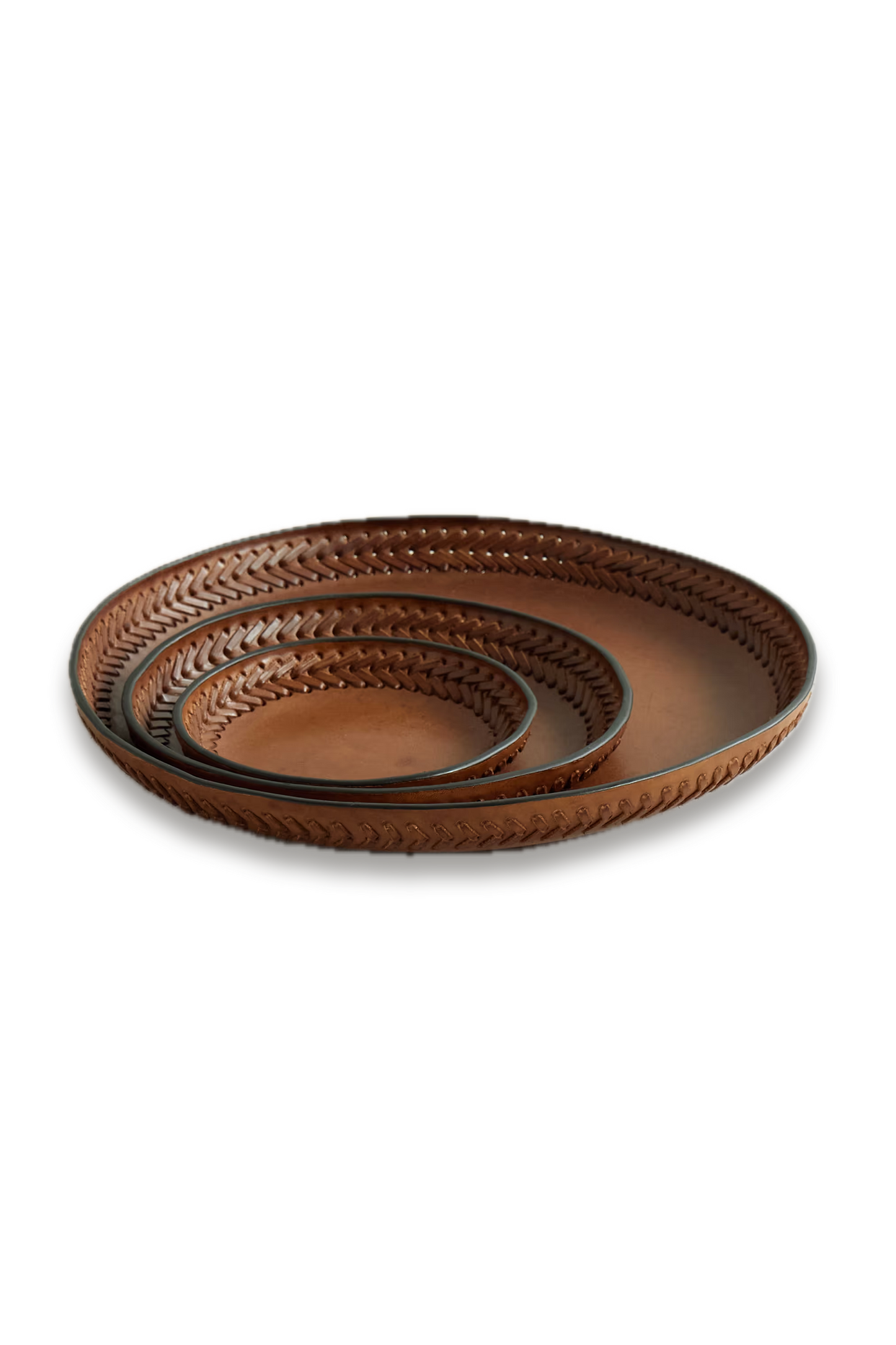 Set of Three Whipstitched Leather Trays