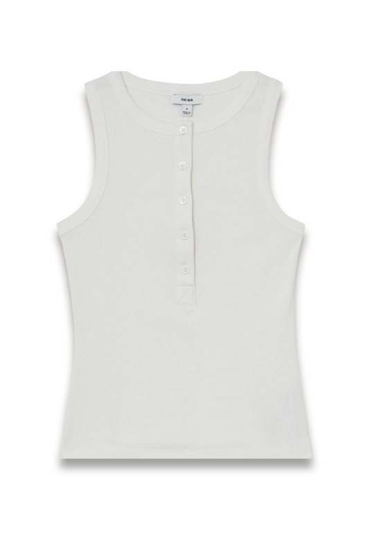 Stretch-cotton Ribbed Henley Vest in White
