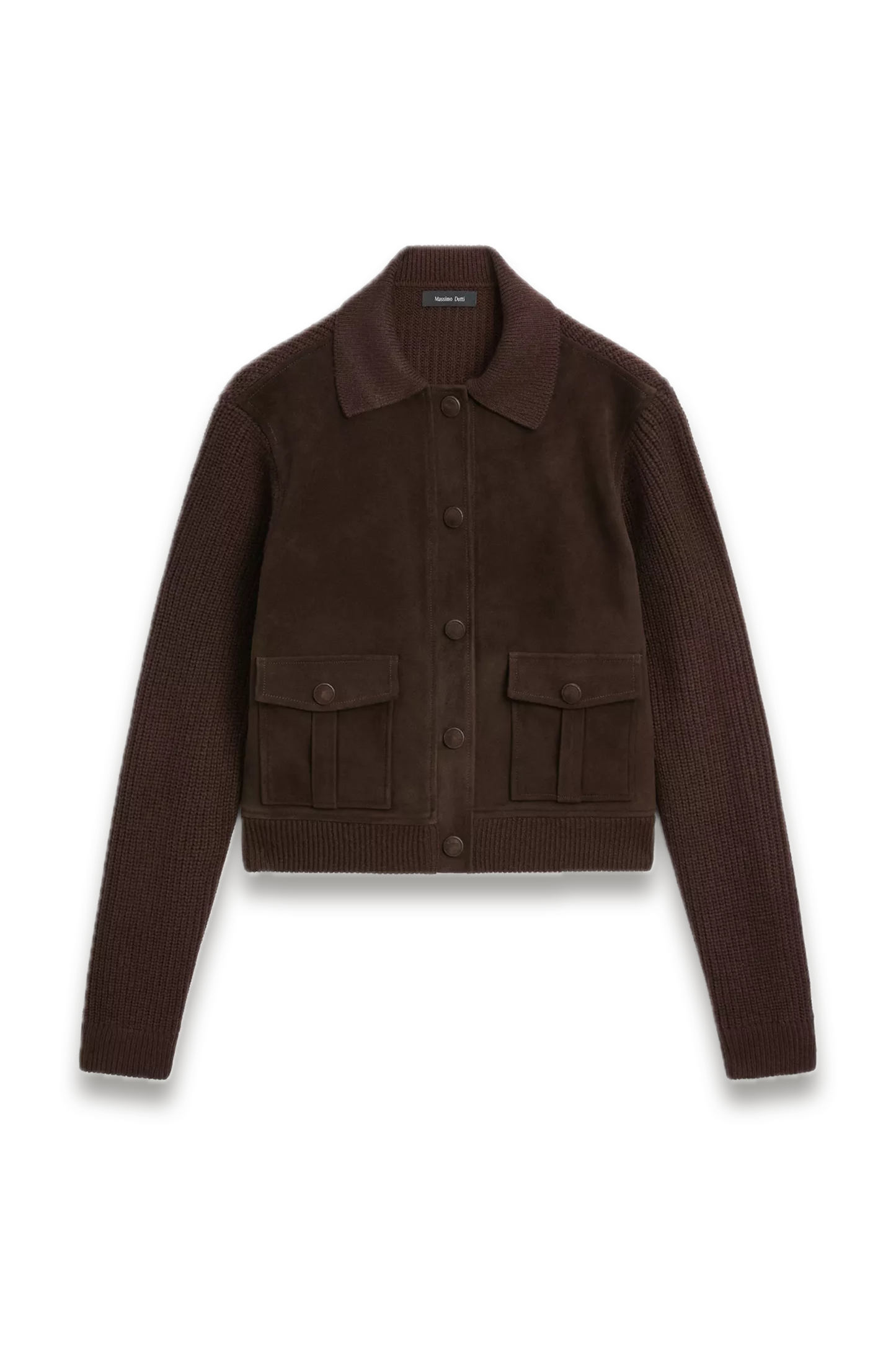 Short Knit Cardigan with Contrast Sheepskin Leather