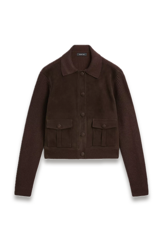 Short Knit Cardigan with Contrast Sheepskin Leather