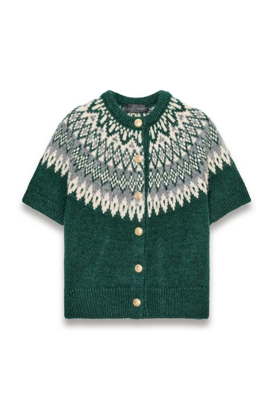Jacquard Knit Short Sleeve Cardigan