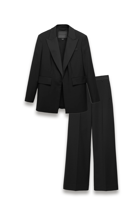 Wool Blend Satin Trim Tailored Blazer and Trousers