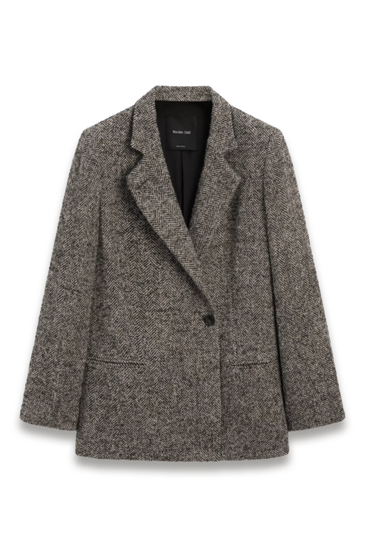 Herringbone Wool-bend Blazer with High Collar