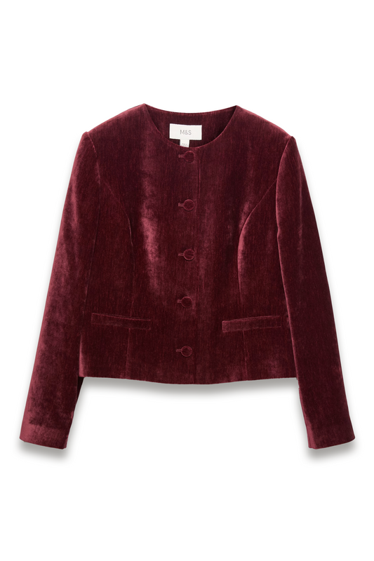 Velvet Mottled Collarless Fitted Jacket
