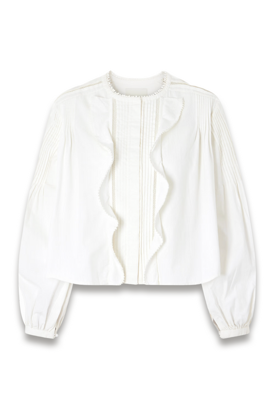 Cubraly Lace-Trimmed Ruffled Pintucked Cotton-Poplin Blouse