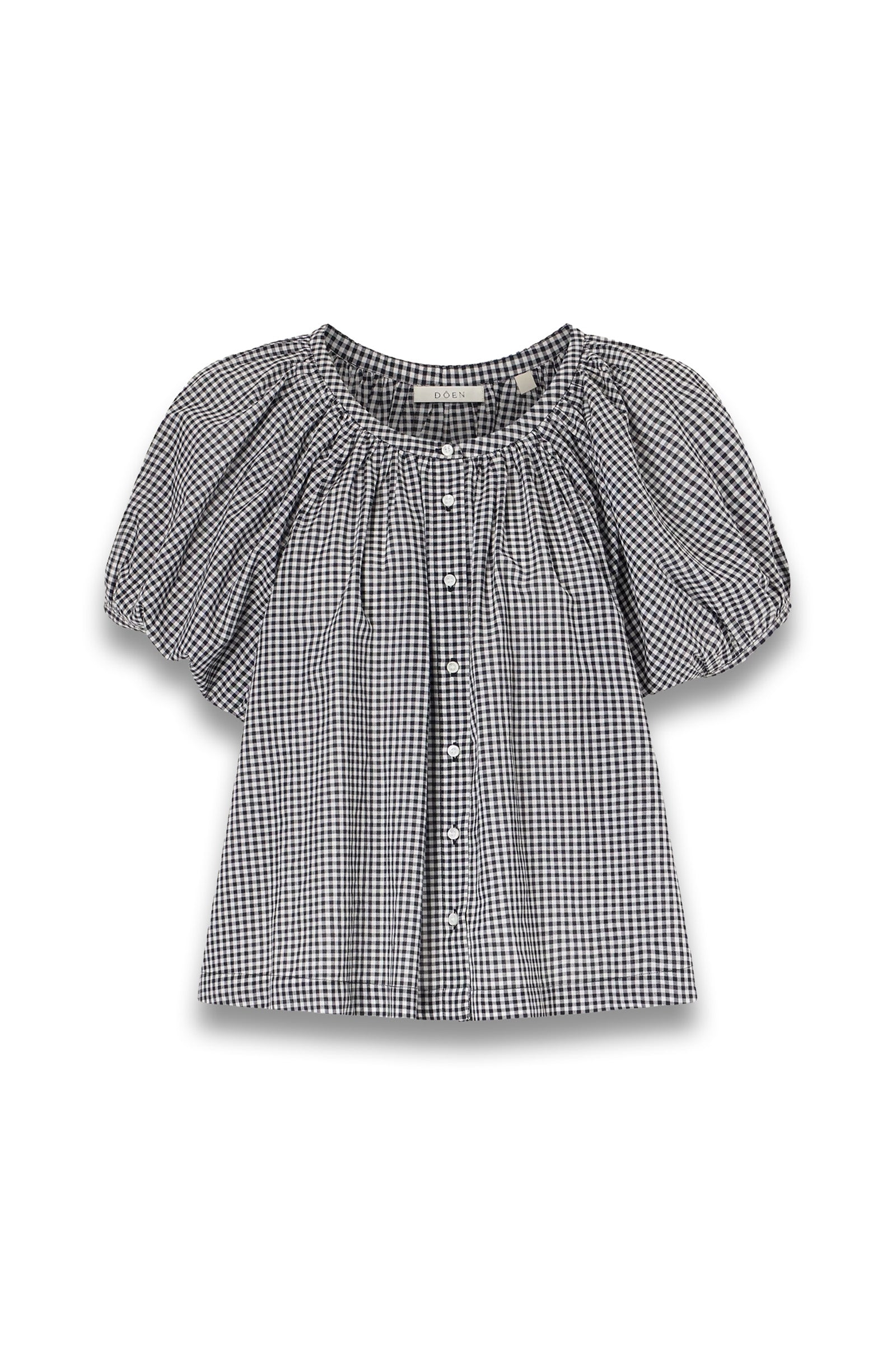 Black and white checkered blouse with puff sleeves 

