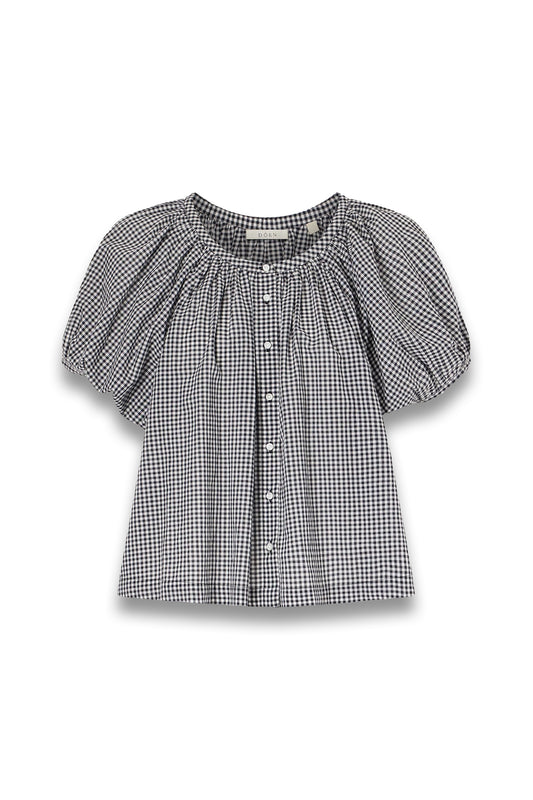 Black and white checkered blouse with puff sleeves 

