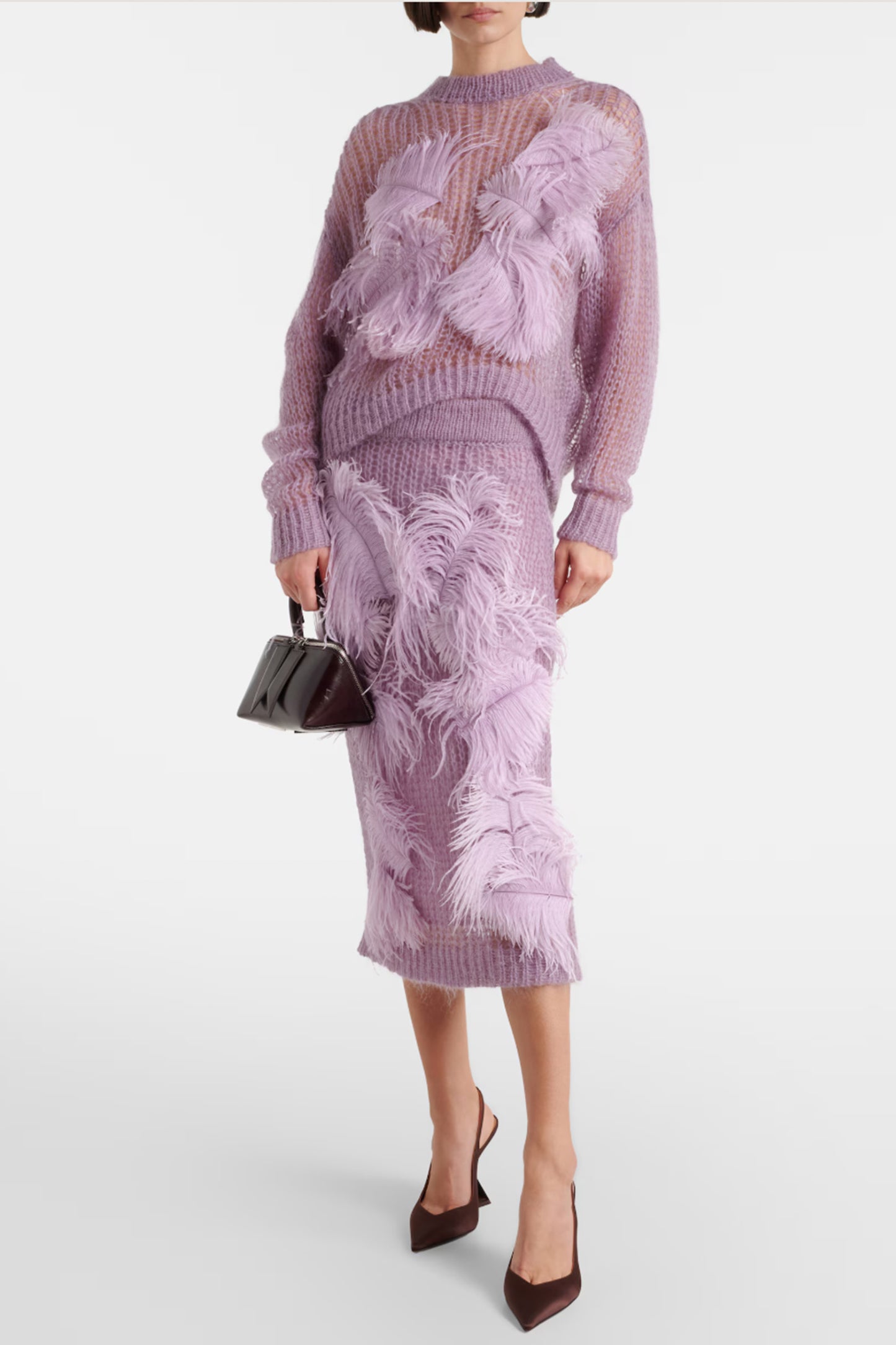 Feather-trimmed Open-knit Mohair-blend Sweater