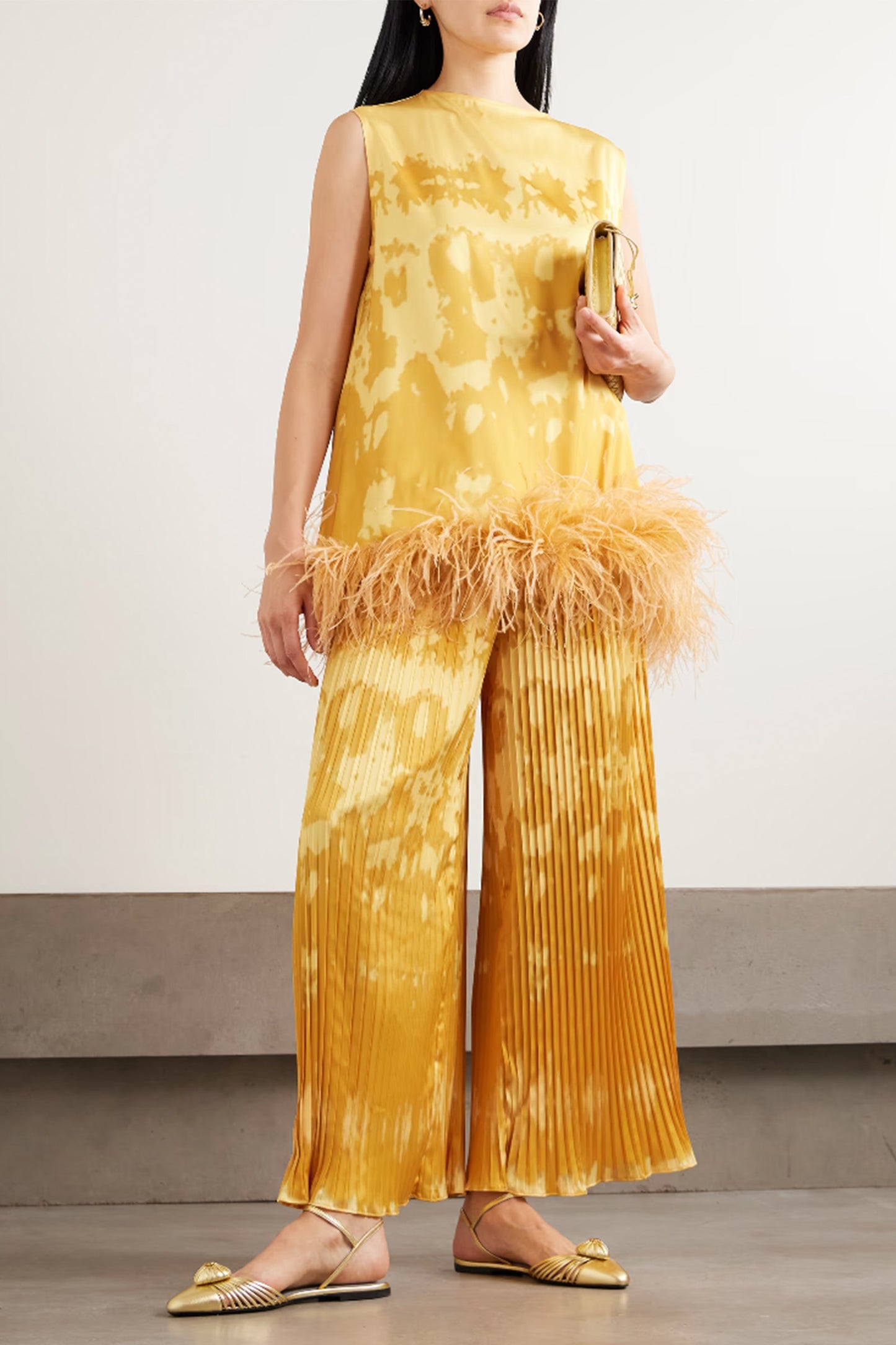 Feather-trimmed Tie-dyed Satin Top