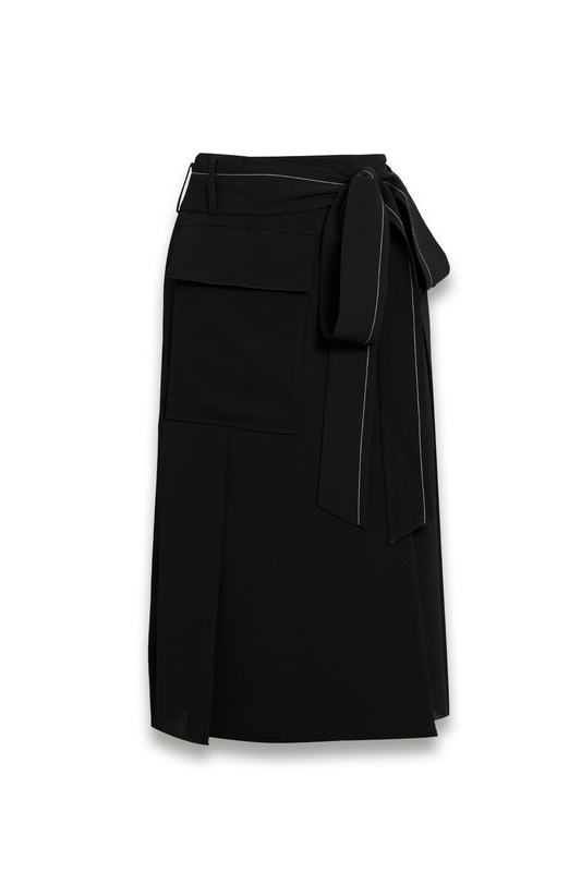Belted Crepe Midi Wrap Skirt