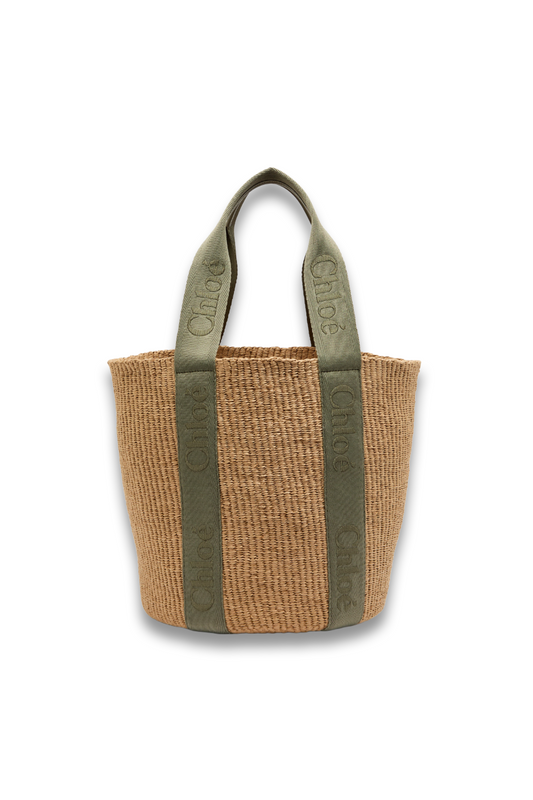 Woody Logo-Embroidered Raffia Basket Bag