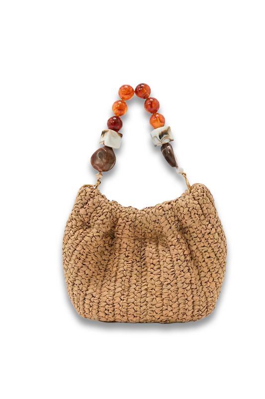 Erin Raffia-Effect Beaded-Handle Pouch Bag in Natural