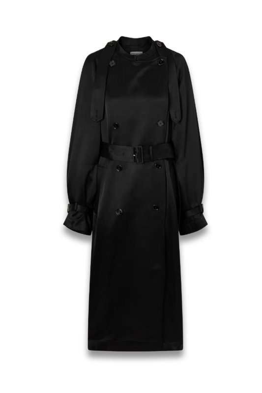 Double-Breasted Draped Satin Trench Coat