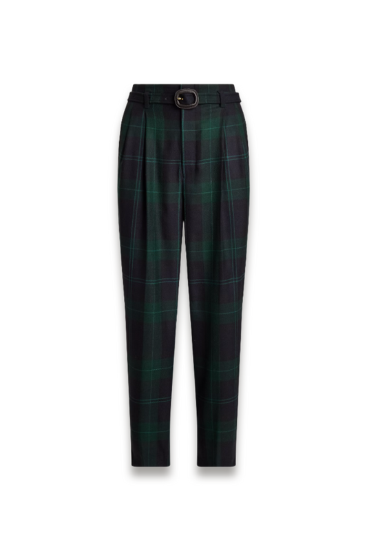 Belted Plaid Wool Tapered Trouser