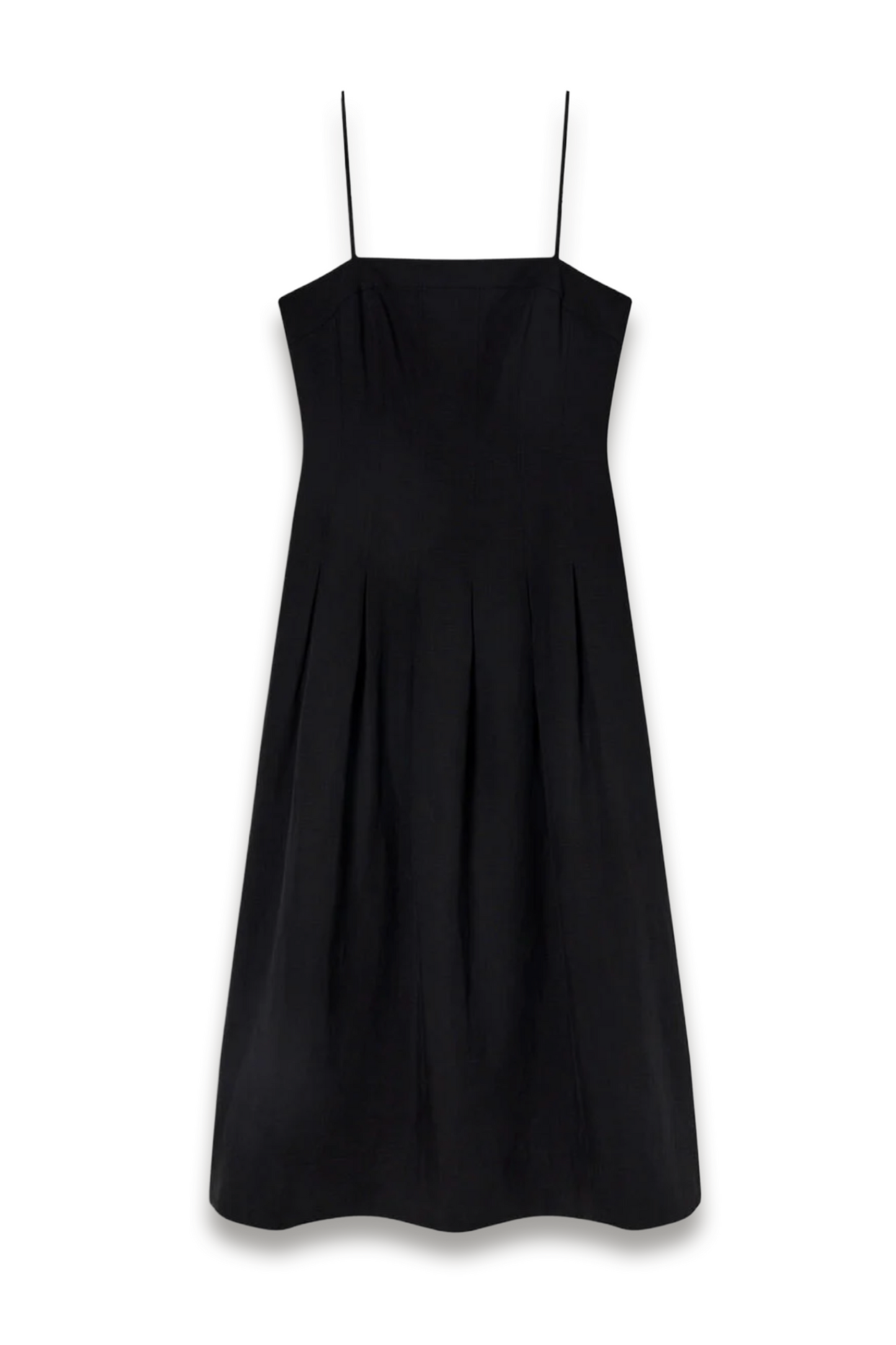 Black Linen Blend Waisted Midi Dress