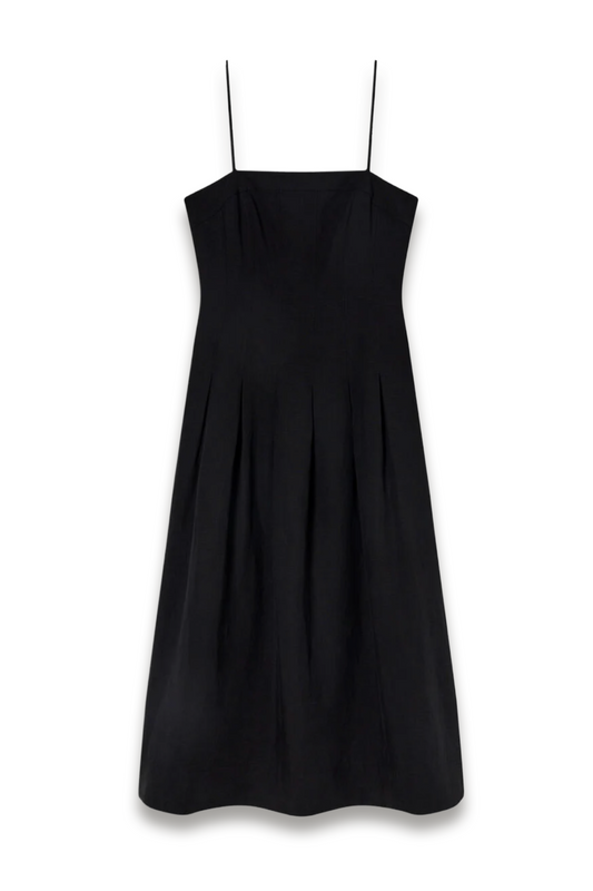Black Linen Blend Waisted Midi Dress