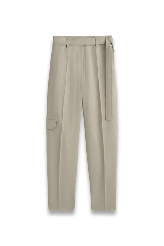 Belted Linen Barrel-Leg Trousers