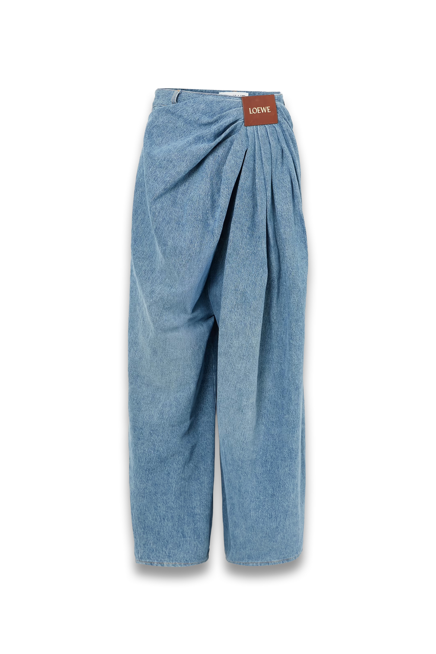 Leather-trimmed Draped Gathered High-rise Wide-leg Jeans