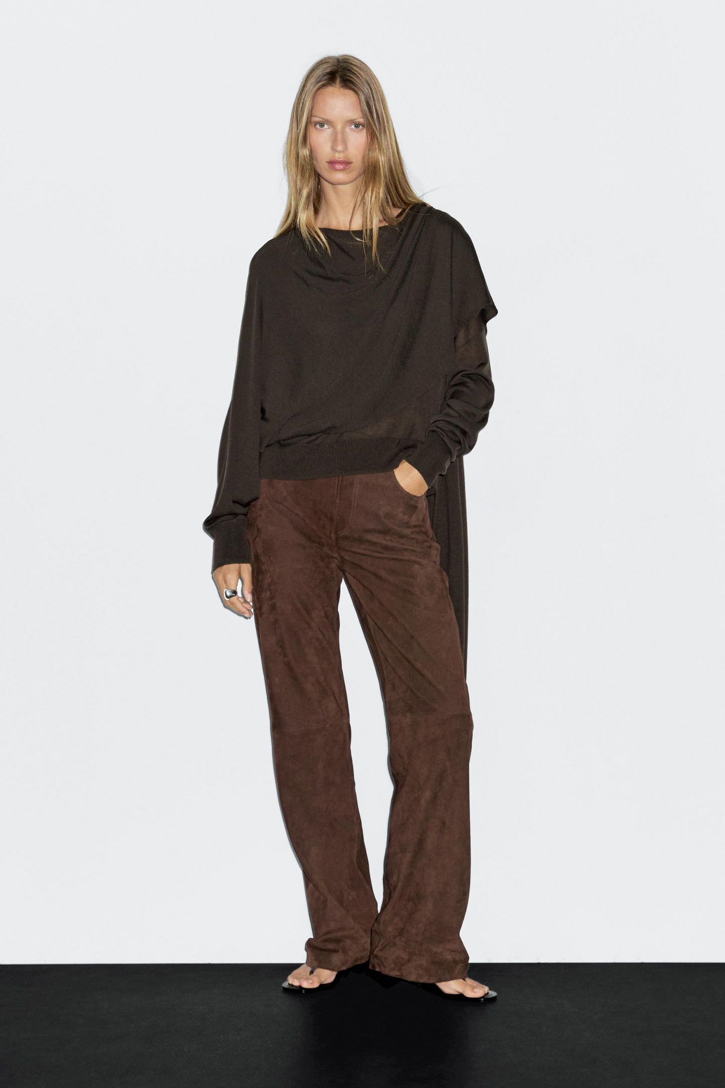 Brown Knit Sweater With Scarf Detail