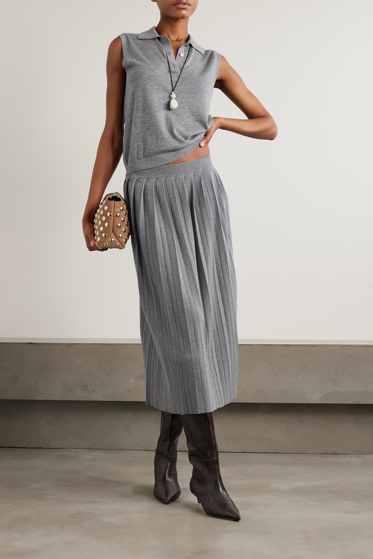 Minda Pleated Cotton and Cashmere-blend Midi Skirt