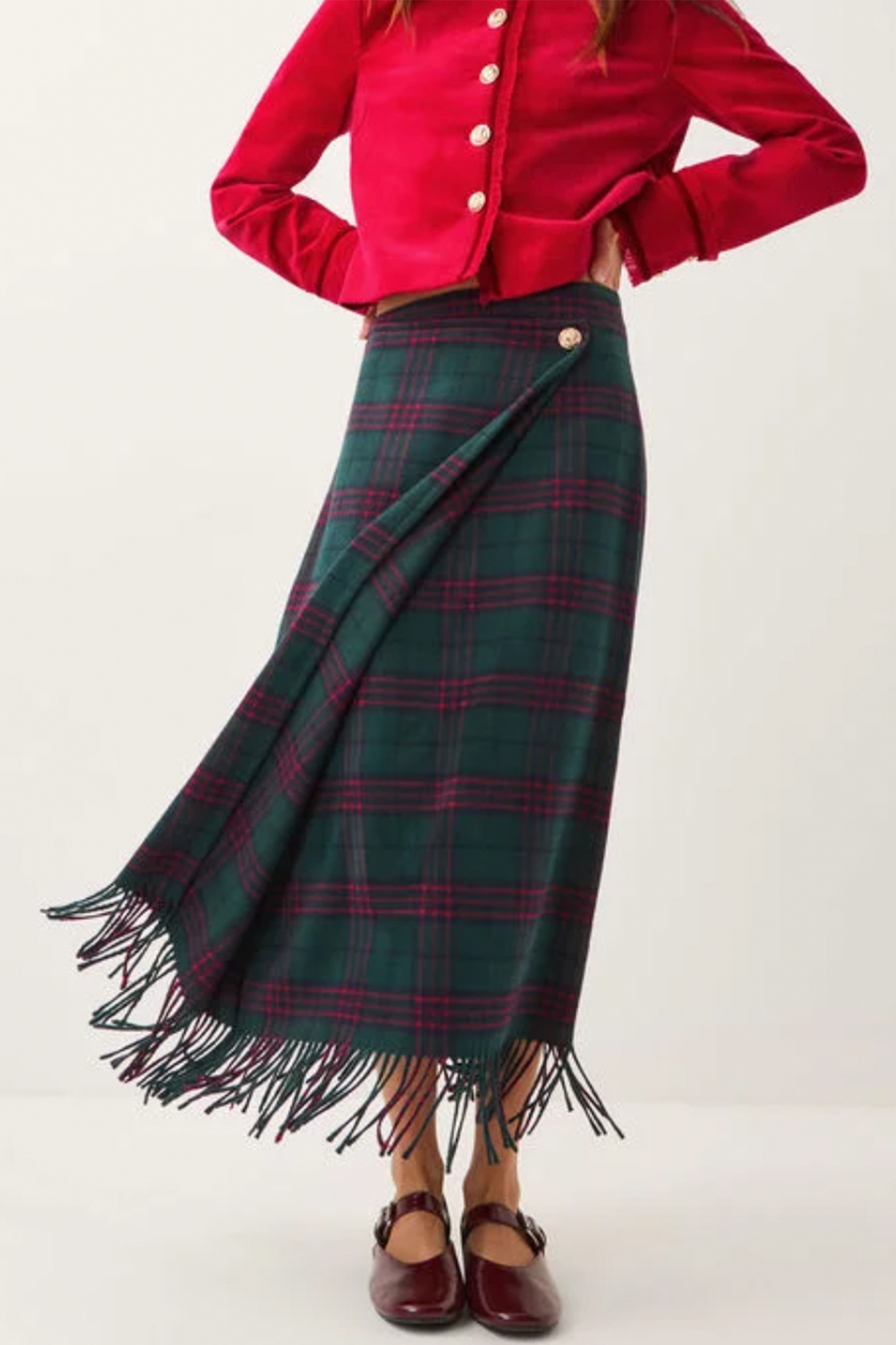 Winder Tartan Fringe Midi Skirt in Teal