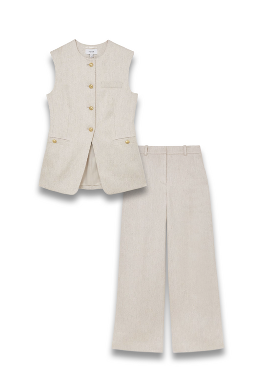 Linen-Blend Textured Long-Line Waistcoat and Wide-Leg Trousers in Neutral
