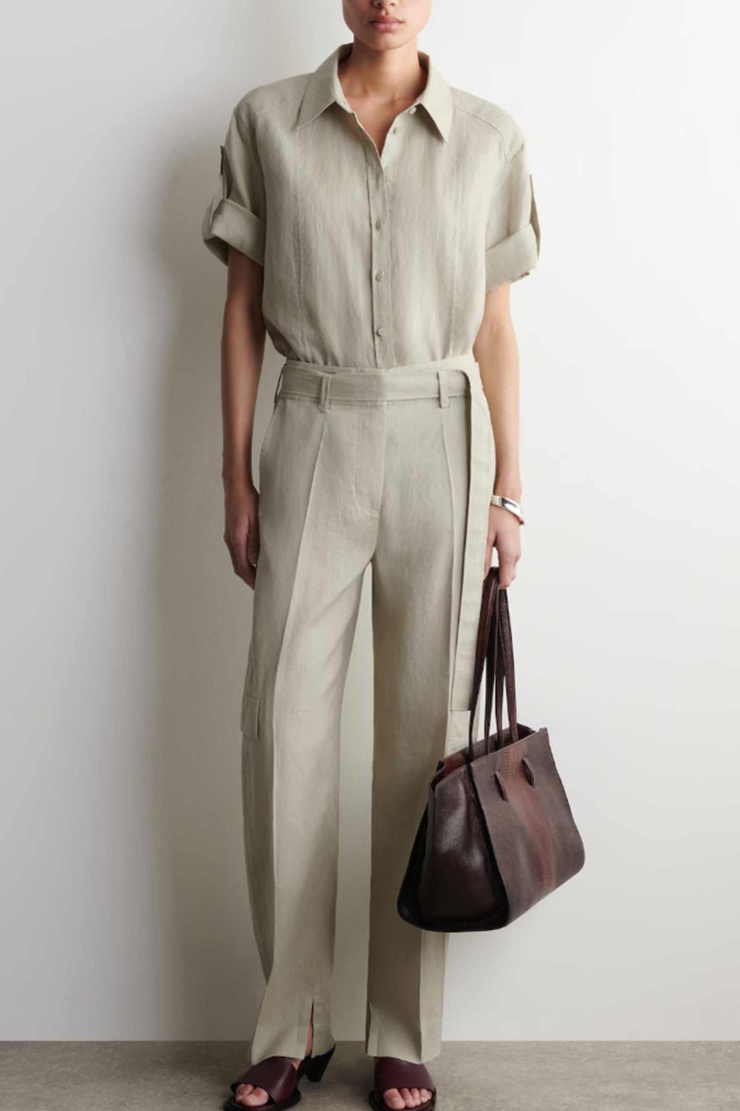 Belted Linen Barrel-Leg Trousers
