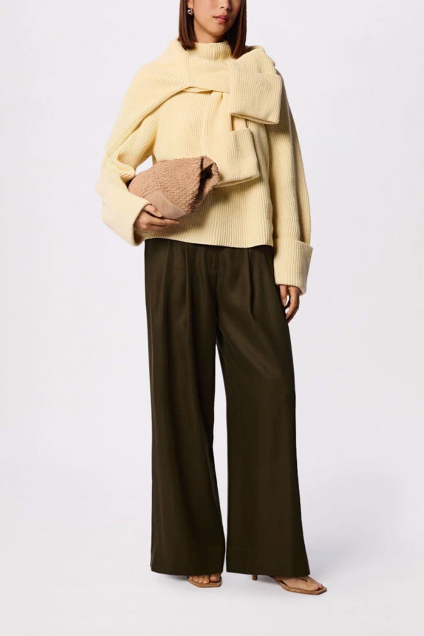 Khaki Wide-leg Hopsack Trouser
