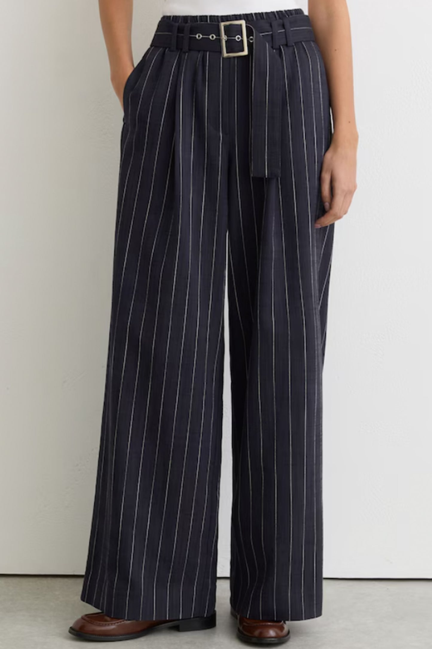 Pinstripe Belted Wide-Leg Trousers in Navy