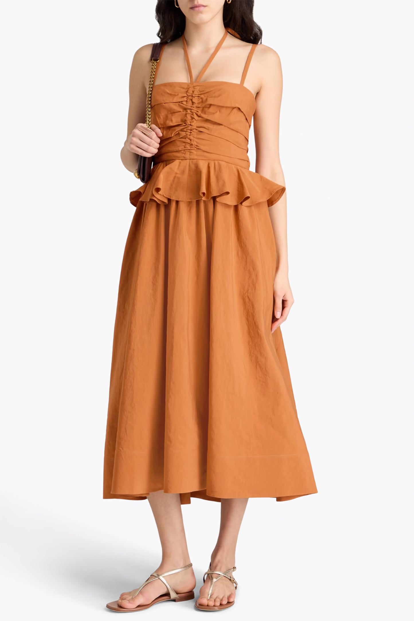 Anastasia ruched cotton, linen and silk-blend midi dress